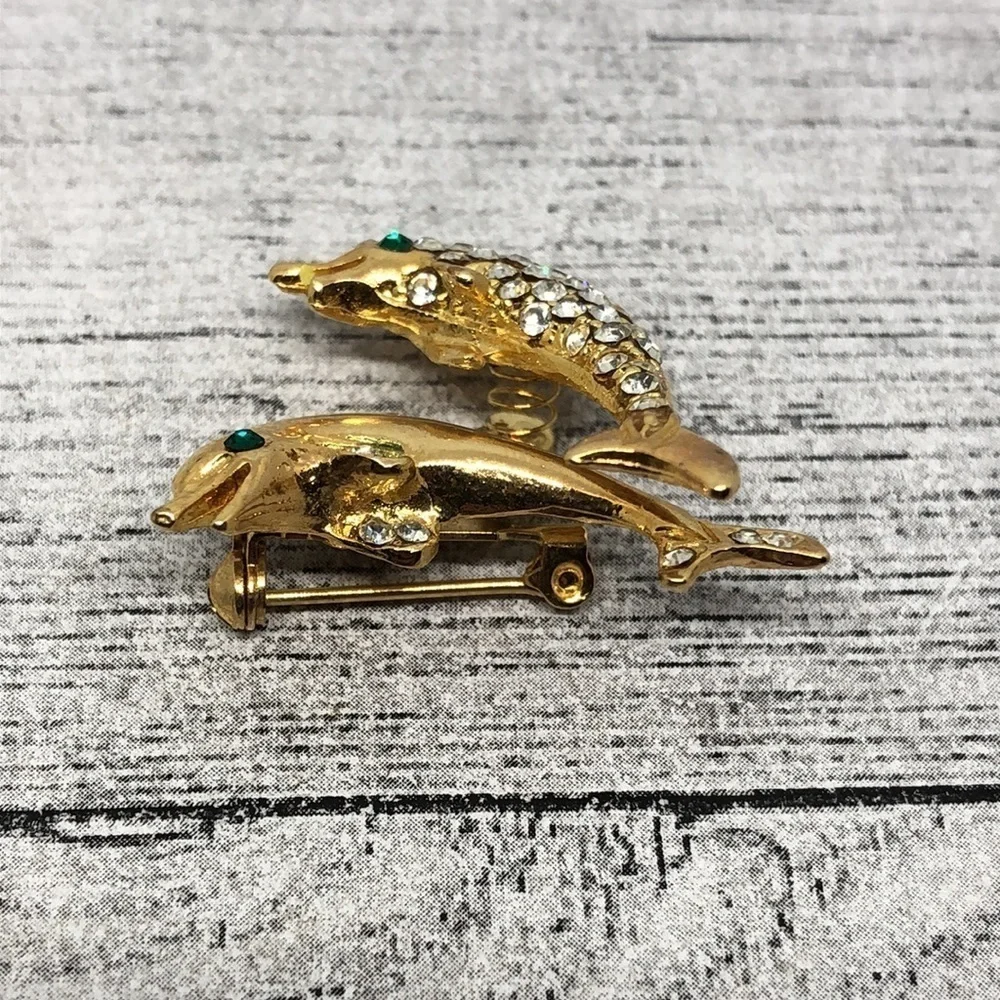 Retro gold tone brooch 2 jumping dolphins glam statement